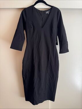 Lulu's Black V-Neck Midi Sheath Dress with Three-Quarter Sleeves